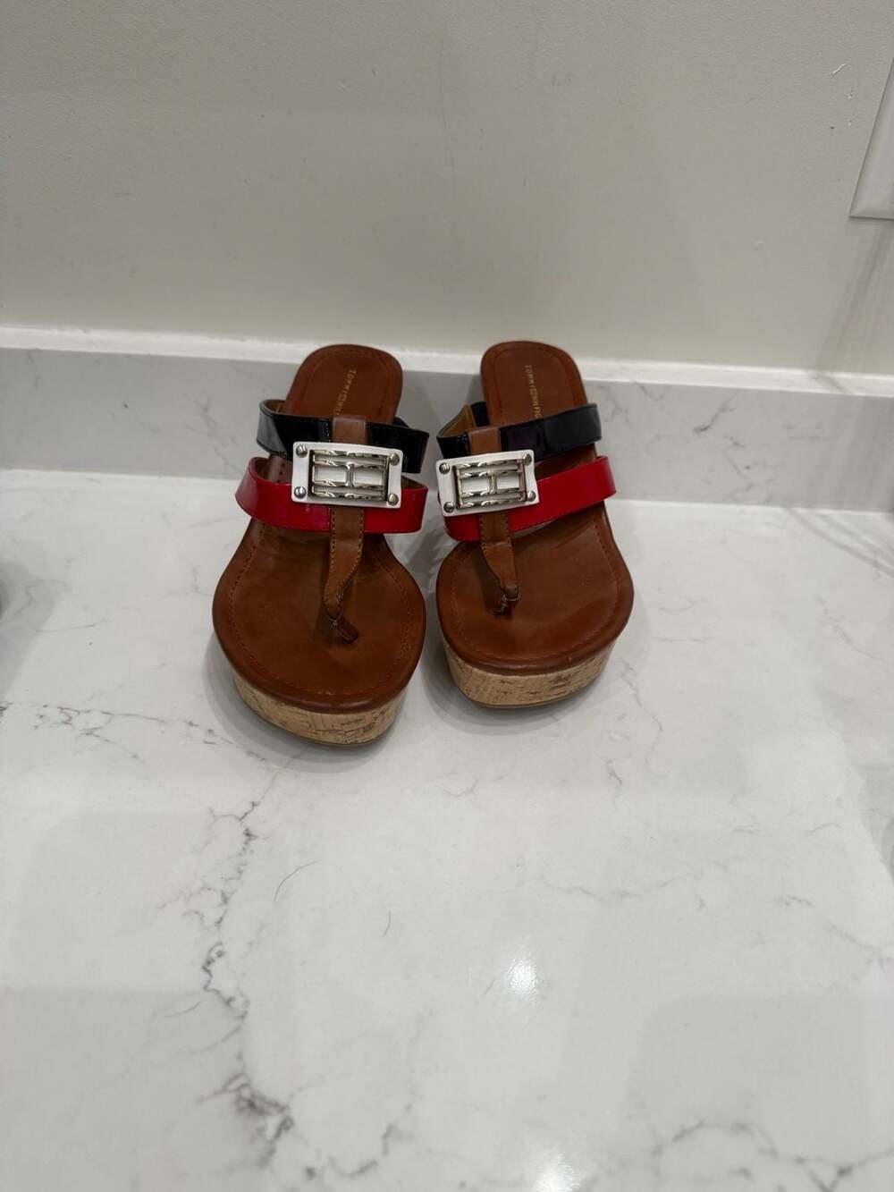 Tommy Hilfiger Manne Cork Wedge Sandals Red Navy White